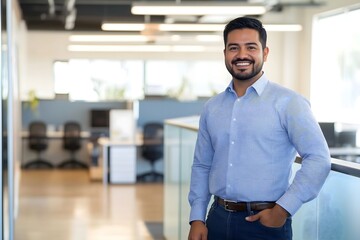 Confident handsome male entrepreneur with a friendly smile looking at the camera, a proud business owner standing in his bright and modern open-plan office