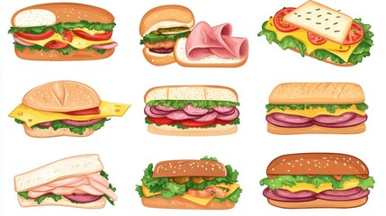Collection of various delicious sandwiches with different fillings and breads.
