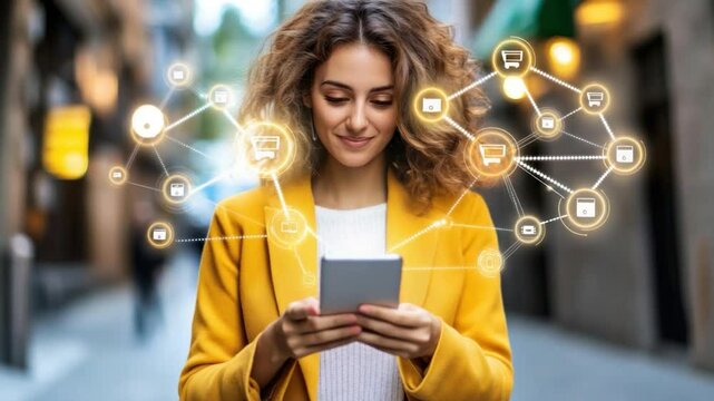 Urban woman using digital tablet with e-commerce interface