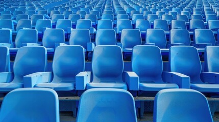 Empty rows arranged blue seats of outdoor tribune sport building stadium.