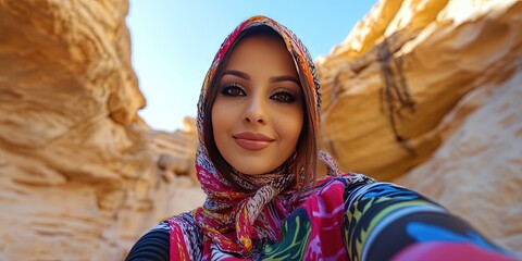 selfie of friendly arabic woman in cave