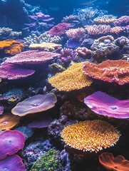 Underwater landscape featuring a vibrant coral reef with diverse shapes and colors in a marine environment © Hakimul Islam Sorol