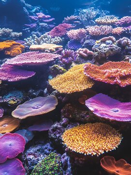 Underwater landscape featuring a vibrant coral reef with diverse shapes and colors in a marine environment