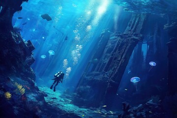Diver Explores Underwater Sunken City