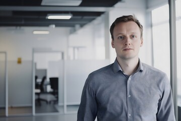 Portrait of a confident young Caucasian businessman in a blue shirt standing in a modern office hallway, looking at the camera with a professional demeanor and a concept of corporate success