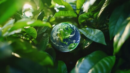 Earth globe surrounded by lush green leaves symbolizing sustainability and harmony with nature. Ideal for eco-awareness themes.