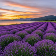 Obraz premium Rows of Vibrant Purple Lavender Blooms Landscape Under Warm Sunset and Distant Hills