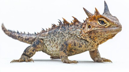 Fototapeta premium A horned lizard, with spiky scales and a textured skin, is shown in profile view against a white background.