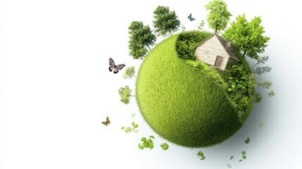 Eco concept of a green Earth nestled with trees, cottages, and fluttering butterflies