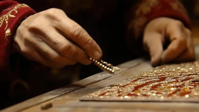 Artisan hands, tooling jeweled embroidery, workshop