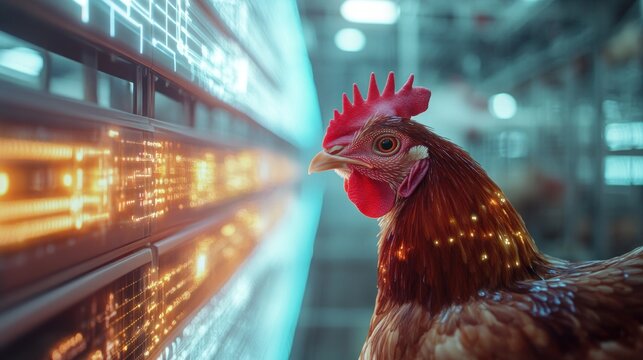 Rooster observes futuristic farm tech data center