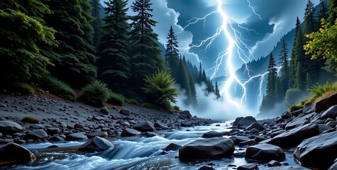 A jagged bolt of lightning above a forest stream, water reacting to the thunder's vibration