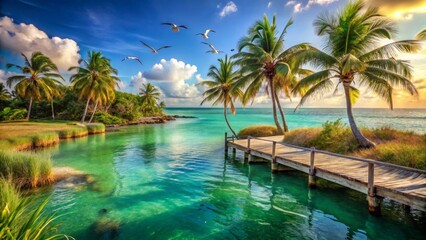 Serene Tropical Paradise Wooden Dock Extending into Vibrant Turquoise Waters, Lush Palm Trees, Birds in Flight, and a Peaceful Sunset