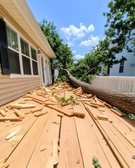 Fallen tree destroyed a wooden deck