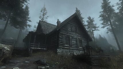 Dark Grey Log Cabin In Snowy Forest