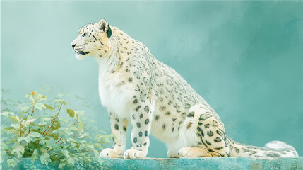 Fototapeta premium Majestic snow leopard gracefully resting on a rocky mountainside surrounded by lush greenery and natural beauty