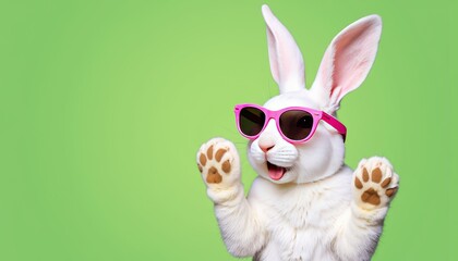 Obraz premium Funny rabbit wearing sunglasses enjoying a sunny day against green background 