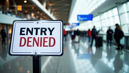 Entry Denied Sign Displayed at Busy Airport Terminal  