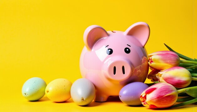 Piggy bank with Easter eggs and tulips on a yellow background