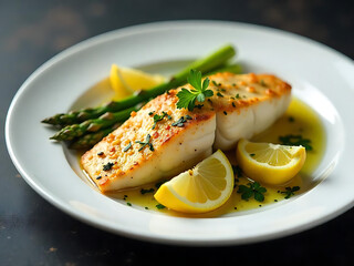 A white plate featuring a portion of baked cod fillet with a side of steamed asparagus and lemon an realistic picture.