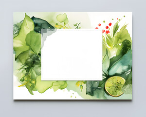 Watercolor invitation card background with vegetable salad. Template for restaurants, cafes and catering.