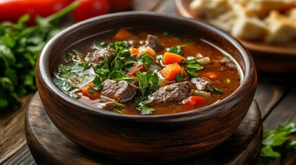 Hearty beef vegetable soup in rustic bowl, garnished with fresh parsley, served with crusty bread.