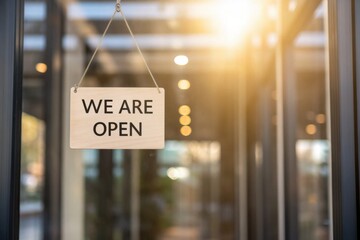A wooden sign stating "WE ARE OPEN" hangs in a well-lit commercial space, indicating business hours to customers.