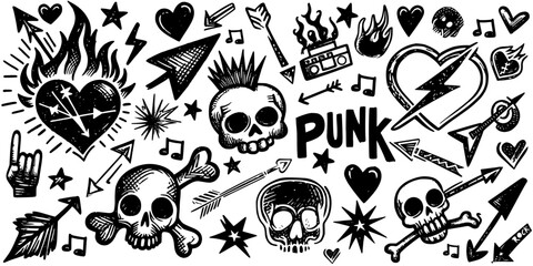 Punk Rock Doodle Art - Skulls, Hearts, and Symbols, black-and-white doodle illustration features various punk rock-themed elements, including skulls, hearts, arrows, stars, musical notes, and the word