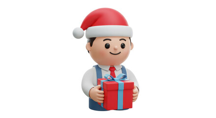 Isolated Man in Santa Hat Holding Gift Box