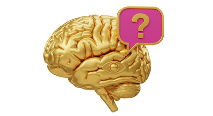 Isolated Golden Brain with Question Mark Thinking Cloud