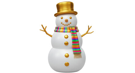 Isolated Cheerful Snowman with Golden Hat and Colorful Scarf