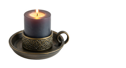 Isolated Candle with Holder Lit in Dim Light