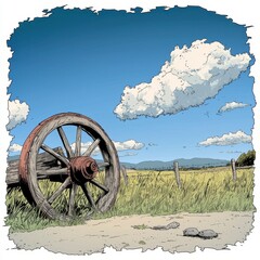 Fototapeta premium Rustic Wooden Wagon Wheel in a Sunny Field