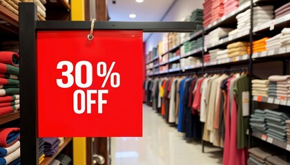 Sale Sign Displaying 30% Off in a Retail Store Aisle  