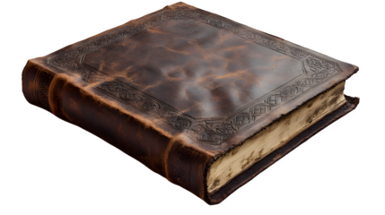 Boho desk prop: a leather-bound journal with embossed boho motifs and soft worn edges, realistic texture and natural patina, isolated on a transparent background