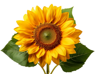 Yellow sunflower with green leaves isolated on transparent background