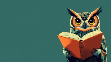 Illustrated owl holding an open book symbolizing intelligence, knowledge, and education in a bold academic concept