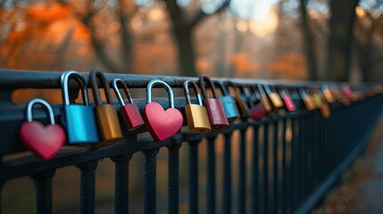 Love padlocks attached to a fence in the park, symbolizing romance and lasting relationships 