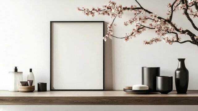 Empty frame, zen bathroom, cherry blossom, wooden shelf