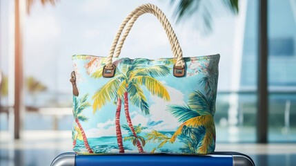 Tropical beach bag on suitcase symbolizing travel, vacation, summer lifestyle, and holiday relaxation in a bright sunny atmosphere