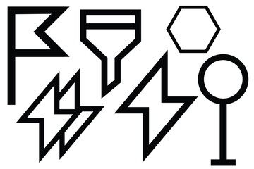 Unique Geometric Symbols Featuring Flags, Funnels, and Lightning Bolts