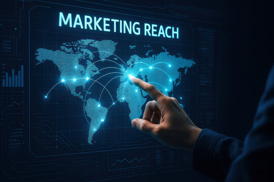 A business strategy interface illustrates global marketing reach and decision-making processes that drive innovation and growth in competitive markets