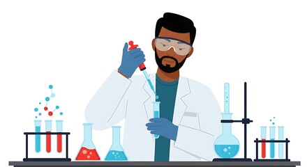 Illustration of scientist with pipette doing experiment in laboratory with tools