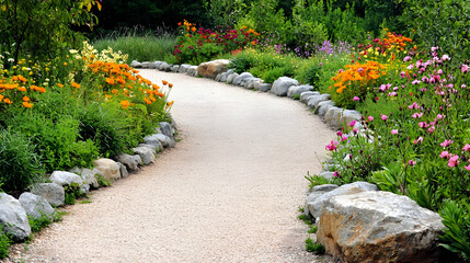 Obraz premium Scenic Gravel Path With Colorful Flowers In Garden
