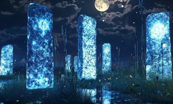 A fantasy landscape of glowing blue stone pillars with runes, at night in the moonlight surrounded by water and plants, in the style of fantasy art, magical, mystical, magical nature, fantasy backgrou