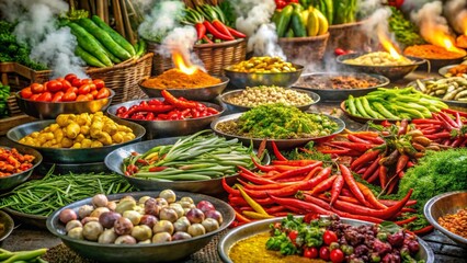 Vibrant array of fresh produce and aromatic spices displayed at an open-air market, showcasing a colorful and diverse collection of ingredients for culinary creations.