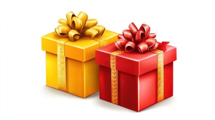 Fototapeta premium festive pair of gift boxes adorned with delicate ribbons casting shadows on a pristine white background evoking a sense of anticipation and joyous celebration