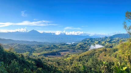 Fototapeta premium Lush green mountain valley view with sky in background. For travel and nature blogs