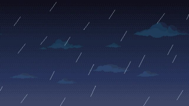 Pixel art rainy sky animation. Night dark blue animated background with rain drops and clouds. Seamless loop video.