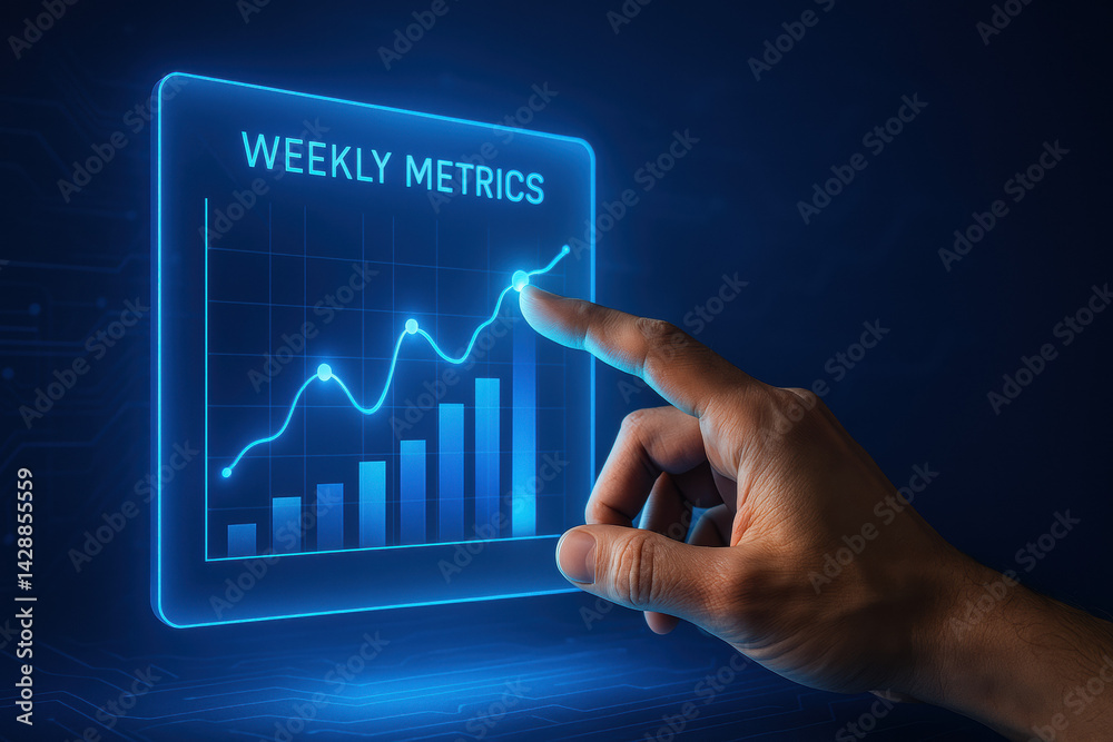 Poster a human interacts with a translucent digital chart displaying weekly metrics illustrating strategy a